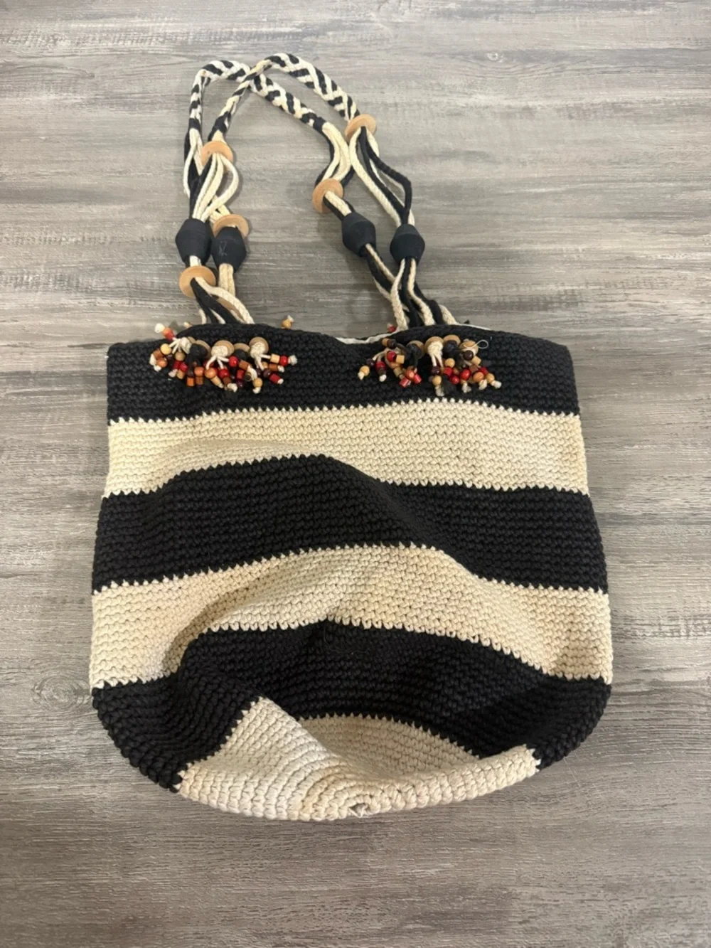 Saddie River Vintage Striped Black & Cream Crochet Beach Tote